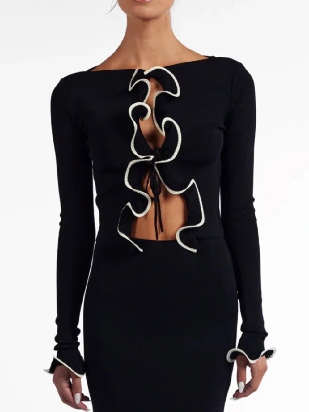 SAME Ruffle Hem Top Black with White Trim